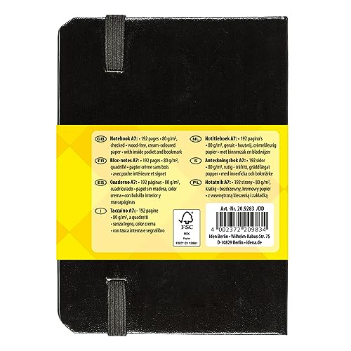 Idena 209283 - Notizbuch DIN A7, kariert, Papier cremefarben, 192 Seiten, 80 g/m², Hardcover in Schwarz