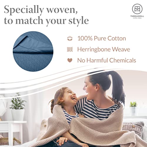 Threadmill Luxury Cotton Blankets For Queen Size Bed | All-Season 100% Cotton Queen Size Blanket | Herringbone Lightweight, Soft Breathable Fall Thermal Blanket Fits Full Size Bed | Folkstone Blue #TOP2