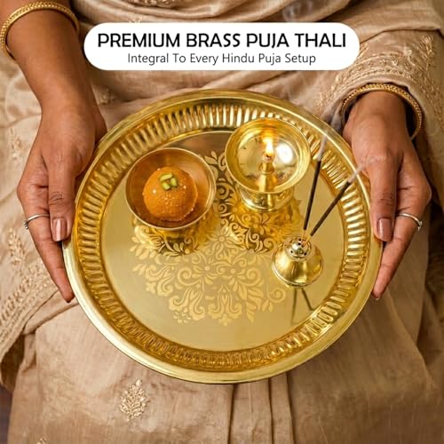 Image of Ekhasa 100% Pure Brass Pooja Thali Set | Puja Thali Set for Home Or Gifting | Brass Aarti Thali for Pooja, Mandir, Wedding, Festivals | Pital Pooja Set Items for Home Decorative | Peetal Plate
