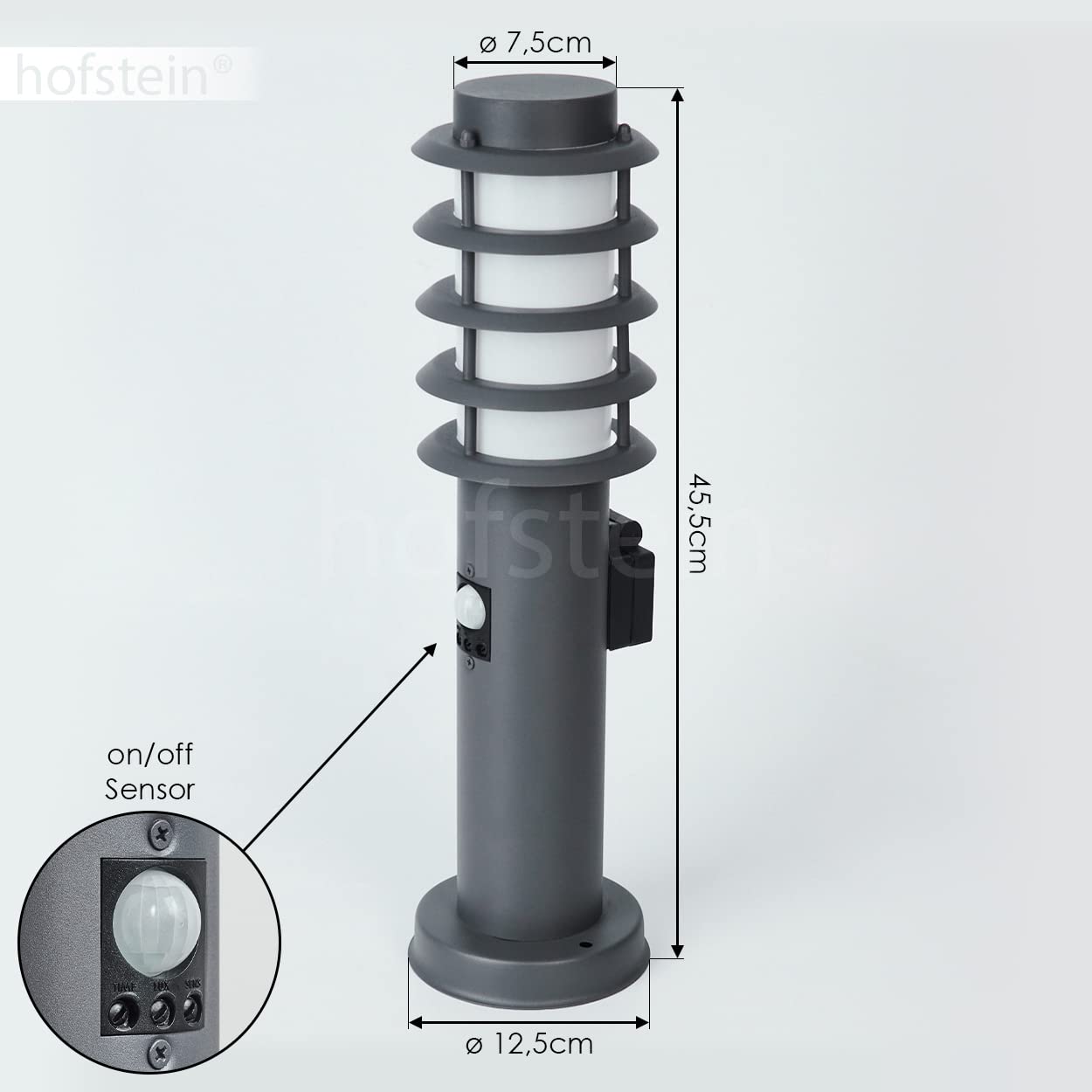 Lampa zewnętrzna Tunes z czujnikiem ruchu i gniazdem, oprawa na podstawie z metalu/tworzywa sztucznego w kolorze antracytowym/białym, oprawa oświetleniowa 45,5cm, z E27, IP44, bez żarówki