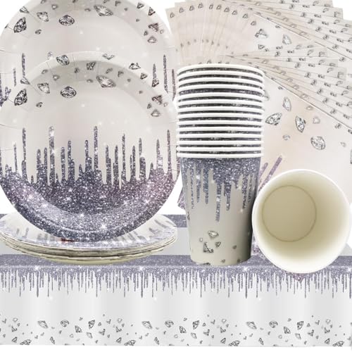Vajilla de fiesta de plata, diamante plateado para 20 invitados, juego de cumpleaños con tazas, platos, servilletas y manteles, vajilla de fiesta de cumpleaños de plata para 61 piezas