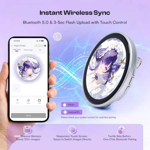 Caydo Digital Badge Pin with Touch Screen LED Display, Smart Button for Anime Style Wearable, Customizable Photo Slideshow GIF & Video for Fan Events, Ita Bags, Cosplay — view 3