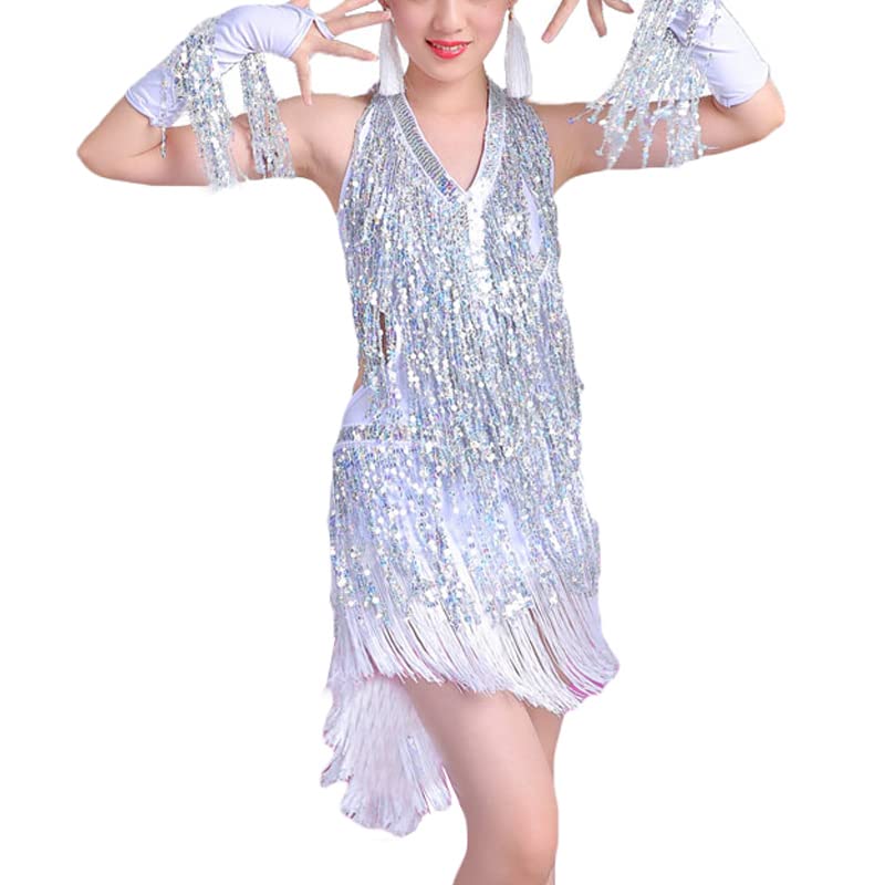 Libaobaoyo Girls Kids Latin Dance Dress Sequins Fringe Ballroom Modern Tango Performance Outfit (as1, Age, 3_Years, 4_Years, Silver, 3-4 T)