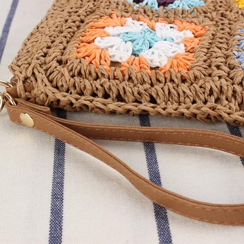 Muloo Ethnic Vintage Woven Flap Crossbody Bag Beach Vacation Crochet Colorful Flower Shoulder Bag Purse with Adjustable Strap, Camel3