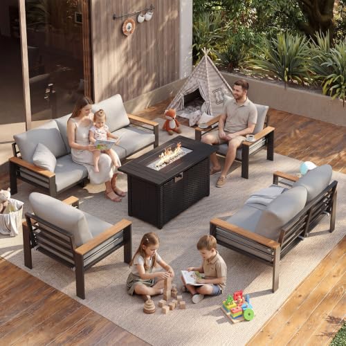 Image of Aoxun Patio Furniture Set, Aluminum Patio Set with Fire Pit Table and 5 inch Thicken & Washable Cushion, Waterproof Outdoor Furniture, Outdoor Couch Sectional for Backyard (7 Seats /F, Grey)