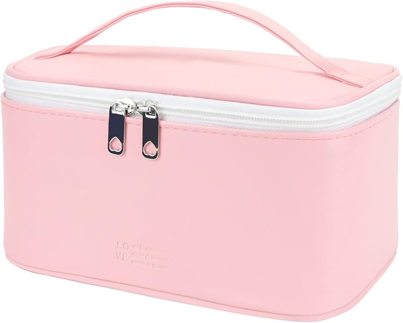 Necessaire organizadora de maquiagem IMCUZUR em poliuretano rosa, com zíper duplo, 20,07 cm x 13,97 cm x 11,43 cm