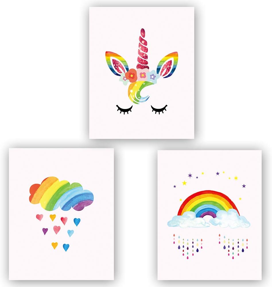 Colorful Unicorn Art Print, Set Of 3 (10”X8”）Rainbow Art Painting, Unicorn Gift For Kids Bedroom Accessories Decor, Canvas Painting Posters And Prints Wall Pictures For Kids Room Home Decor, No Frame
