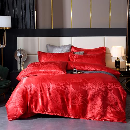 TUMAN Pro Red King Duvet Cover Set European Luxury Satin Embroidery 3-Piece