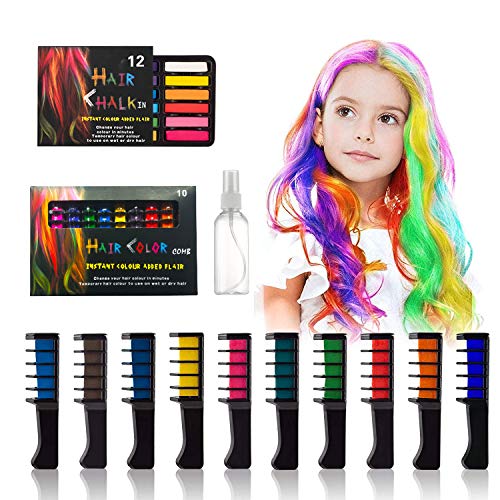 22 Pcs-10 Colors Hair Chalk Comb,With 12 Colors Chalk Stick Set,Colors Temporary Bright Hair Color Dye,for Girls Kids, Washable Hair Chalk for Girls Kids Gifts on Christmas/Birthday Party/Cosplay DIY