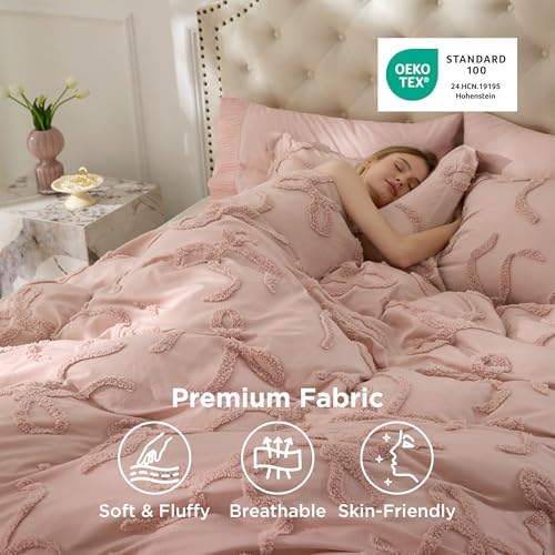 Image of Bedsure Tufted Rose Pink King Comforter Set, GentleSoft 3 Pieces Bow Cute Bedding Pink Room Decor, Gifts for Girls Teens Women, All Seasons, 1 Bed Comforter, 2 Pillow Shams, 104x90 Inches