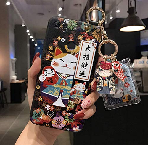 Yvonnecy Compatible With Lucky Cat Iphone 11 Case With Lanyard, 6.1 Inch Cute Japanese Cat Design, Kawaii Glitter Luxury Soft Silicone 3D Emboss Phone Cover Case With Wrist Strap (Iphone 11, Black) #TOP1