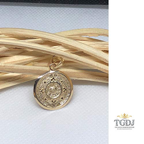 Tgdj 14K Yellow Gold Aztec Mayan Calendar Charm Pendant, 21X21 Mm Diamond-Cut Ornate, Handmade Spiritual Symbol, Gold Stamped #TOP1