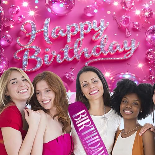 Image of Pink Happy Birthday Backdrop for Women Hot Pink Happy Birthday Banner-70.8x43.3 inch Reusable Birthday Party Decorations