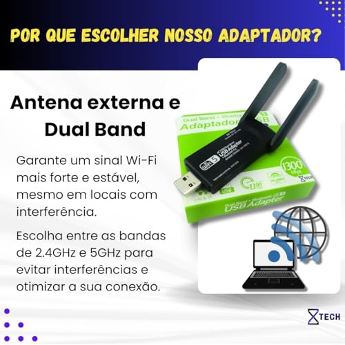 Adaptador Wireless Wifi USB 3.0 Dual Band 5Ghz e 2.4Ghz 1300mbps Bluetooth 4.2 duas Antenas 8X TECH
