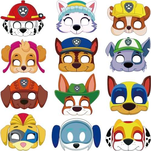 JINLAIYUN 12 máscaras de perro patrulla para niños, máscaras de cumpleaños, dibujos animados, máscaras de animales, máscaras de papel, máscaras para perros, cumpleaños infantiles, decoración,