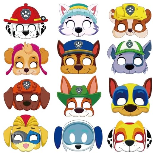 JINLAIYUN 12 máscaras de perro patrulla para niños, máscaras de cumpleaños, dibujos animados, máscaras de animales, máscaras de papel, máscaras para perros, cumpleaños infantiles, decoración,