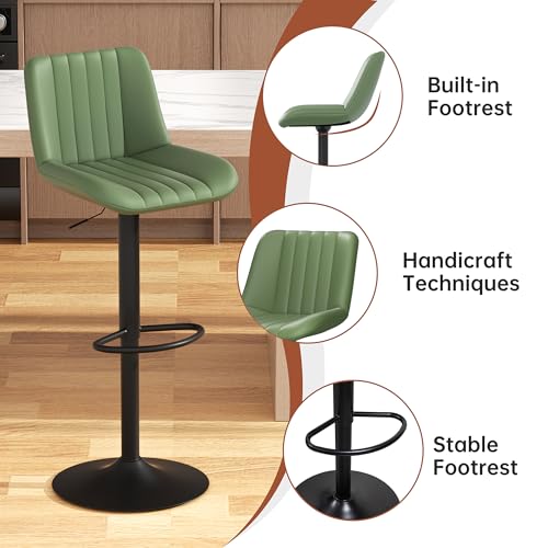 Image of JAMFLY Modern Leather Bar Stools - Swivel & Height-Adjustable Bar Chairs with Footrest, Ergonomic Design for Kitchen Island, Home & Commercial Bar - Set of 2, Green