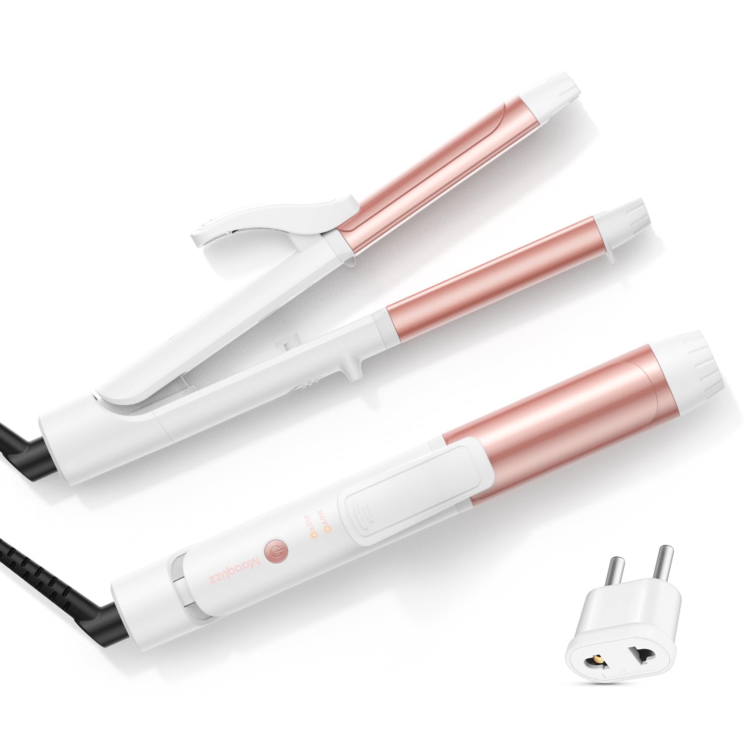Mooqlizz Dual Voltage Curling Iron, Travel Flat Iron Hair Curler in One for European, 1 1/4 Inch Ceramic Plates with Adjustable Temperature, Travel Size Glove Included, White