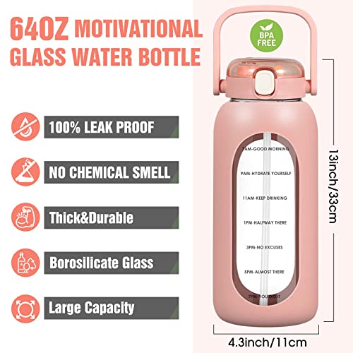 Yomious 64 Oz Glass Water Bottle With Straw - Half Gallon Water Bottle With Handle And Silicone Sleeve - Large Motivational Glass Water Bottle With Measurements And Time Marker - Reusable Water Jug #TOP1