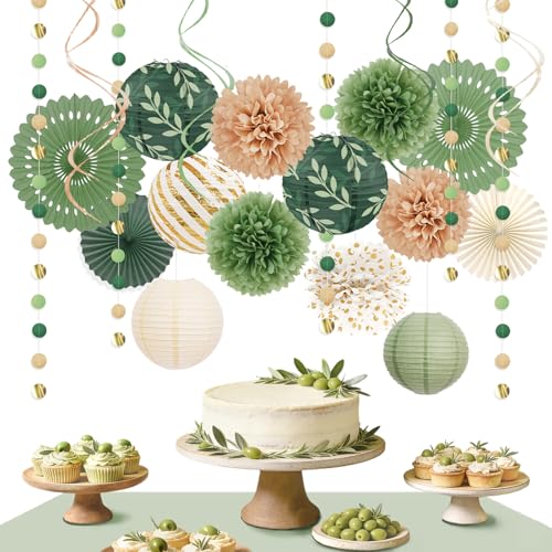 Image of AOBKIAT Sage Green Party Decorations Kit for Birthday,Netural Baby Shower | Paper Decor with Flower,Lantern,Party Garland,Streamers for Bridal Shower,Boho Wedding,Bachelorette,Woodland Theme Parties