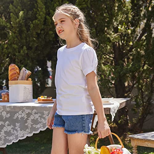 Hopeac Girls Puff Sleeve T Shirts Solid Color Kids Tunic Tops Loose Casual Tee Blouses Summer Outfit White #TOP3