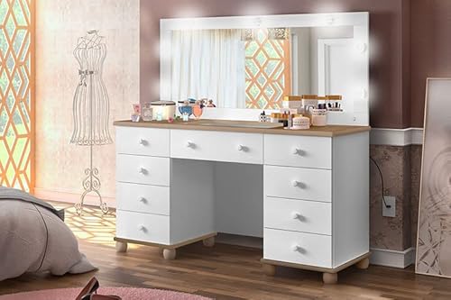 penteadeira camarim lx 9 gavetas branco amendoa com espelho e led