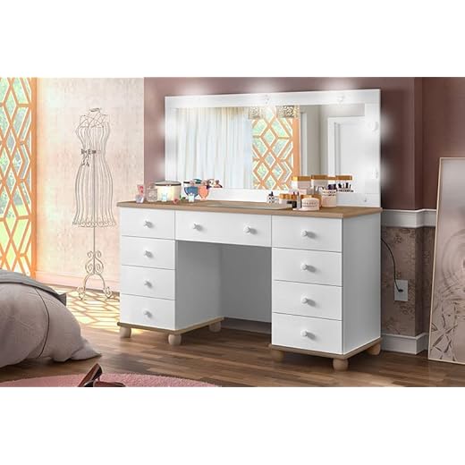 penteadeira camarim lx 9 gavetas branco amendoa com espelho e led