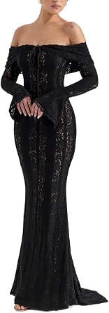 Lace Dress Sexy Black Off Shoulder Dress High Waist Wedding Trailing Long Dresses