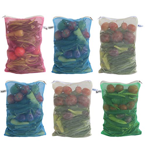 Image of Beddify Set of 6 Reusable Fridge Mesh Fabric Storage Bag for Vegetables and Fruits with Zip Lock (9 X 14 Inches) Multi Color