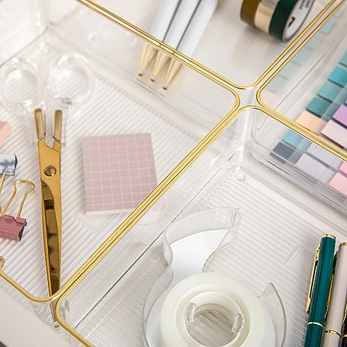 Image of Martha Stewart Kerry Plastic Stackable Office Desk Drawer Organizers, 6 inch x 6 inch, 4 Pack, with Gold Trim