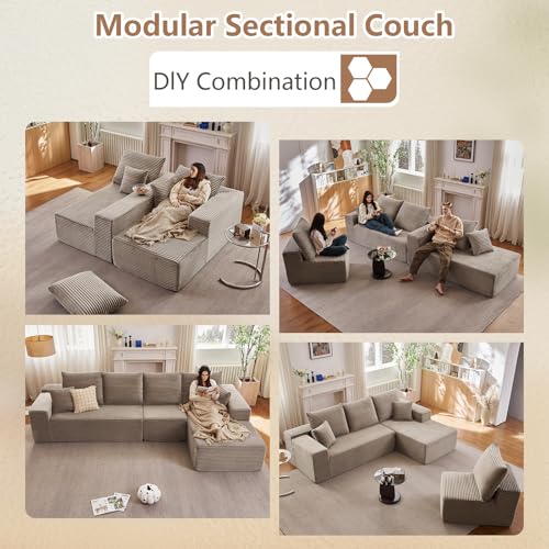 Image of 135.4 inch Modular Sectional Sofa, Modern Corduroy Cloud Couch with Deep Seat, Boneless Couch Upholstered 4-Seater L-Shaped Sofa for Living Room, No Assembly Required (Camel, Right-Facing Chaise)