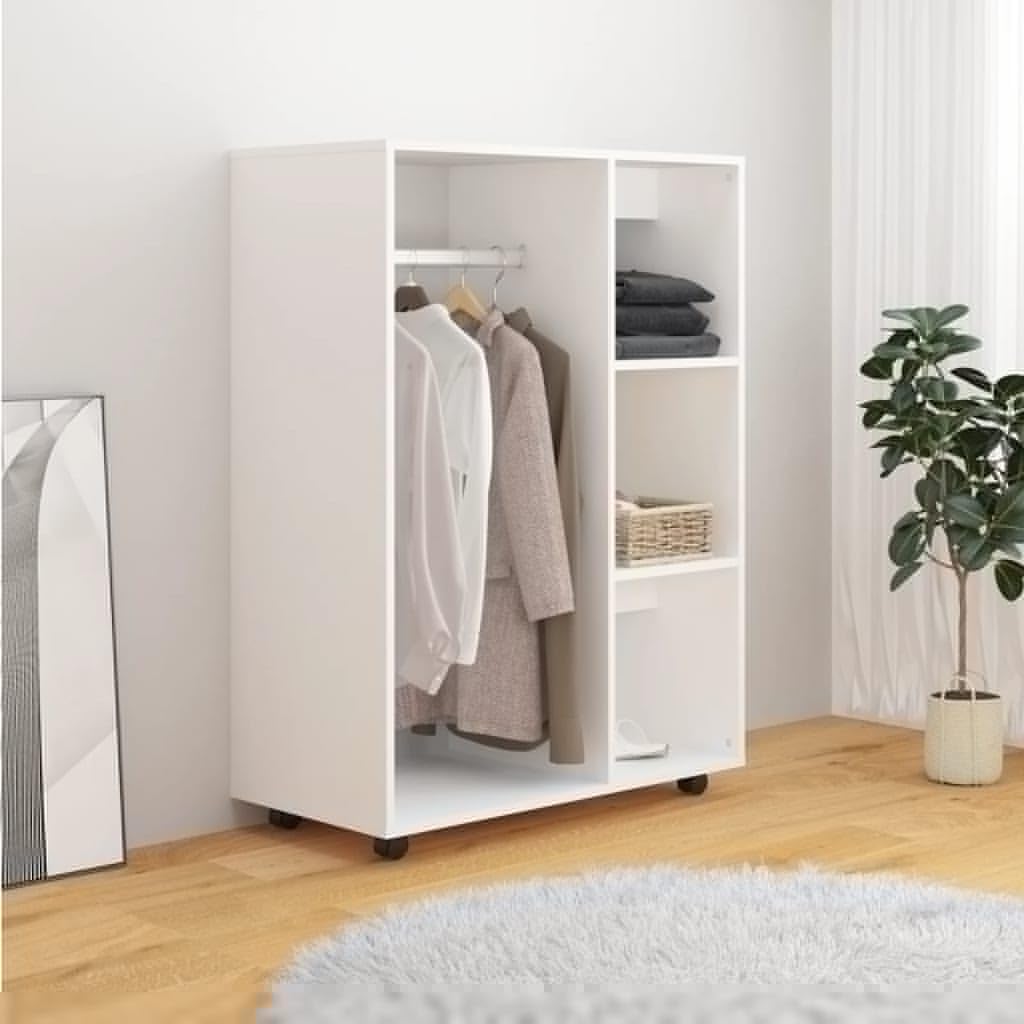 Willood Kleiderschrank mit offenem Fach 3 seitlichen Ablagen Rollen Garderobenschrank Garderobe Schlafzimmer Schrank Weiß 80x40x110 cm Holzwerkstoff