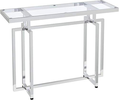 Miniatura 7 de ASYA Mesa consola de cristal para entrada, mesa de entrada moderna con vidrio templado y marco cromado, mesa de sofá plateada para sala de estar y