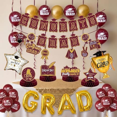 Image of Maroon Gold Balloons Burgundy GRAD Print Balloons with Banner Table Honeycomb Centerpieces Hanging Swirl trophy star GRAD Letters Mylar Balloons for 2026 graduate Prom Decorations