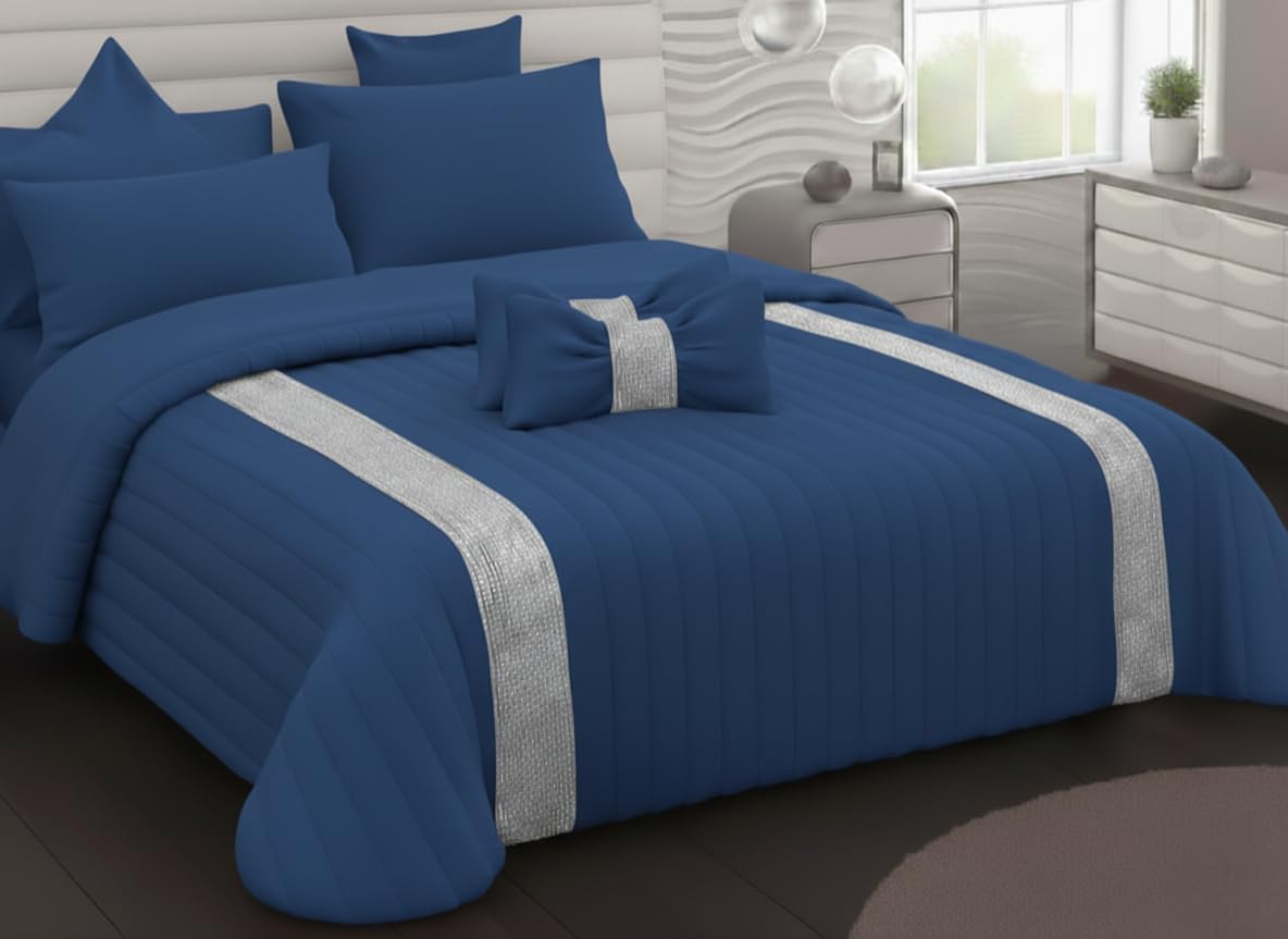 Trapuntino Copriletto Letto Matrimoniale 2 Piazze Charro con Balza Strass + 2 Cuscini Fiocco - Elegante, Moderno (Blu)