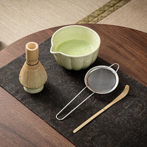 Matcha Whisk Set, Matcha Set Includes Ceramic Matcha Bowl, Bamboo Whisk, Scoop, Chasen Holder, Sifter, 5 Pcs Perfect Matcha Kit for Macha Lover (Mottled Green)