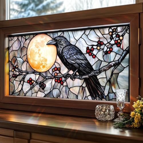 Stained Glass Style Raven Window Film, Gothic Inspired Privacy Decor for Windows, Living Room Sun...