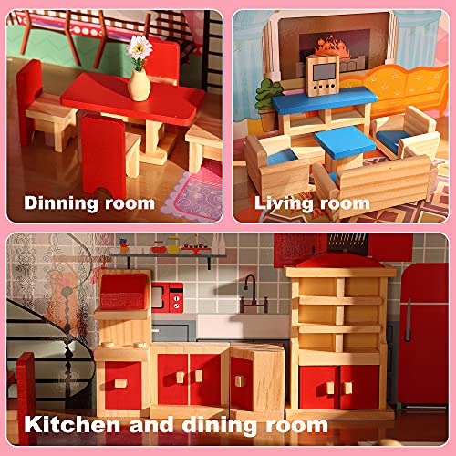 Dollhouse Furniture Wooden Doll House Furnisher 5 Set And 7 Family Dolls, Doll Wood Accessories And Furnishings For 1:12 Scale Miniature Dollhouse, Family Figures Pretend Play Toy #TOP1