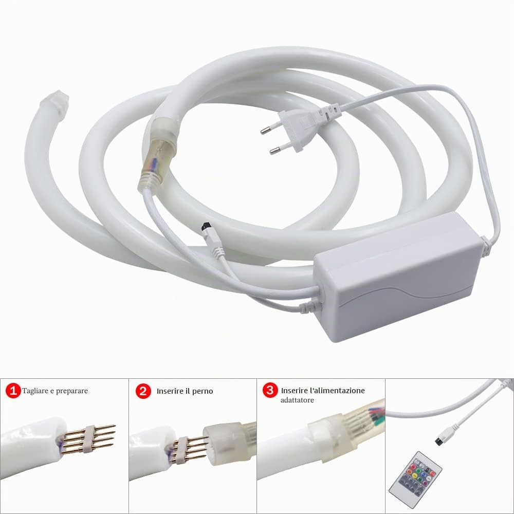 Striscia al neon a tubo tondo RGB 220V, flessibile impermeabile IP65, striscia LED con illuminazione a 360 gradi + controller, adatta per decorazioni fai da te per interni ed esterni (4M)