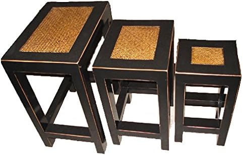 OPIUM OUTLET Set of 3 Chinese wooden stools chairs fitting together with Rattan surface from China decoration furniture