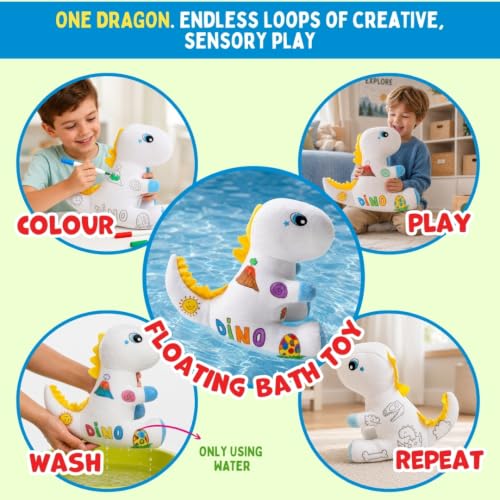 Image of PepPlay Redoobles Doodle Dinosaur- Color, Wash & Reuse Plush Toy for Kids 3-8 Years 4 Non-Toxic Washable Markers Screen-Free Travel & Bath-Safe Soft Toy Made in India Gift for Boys