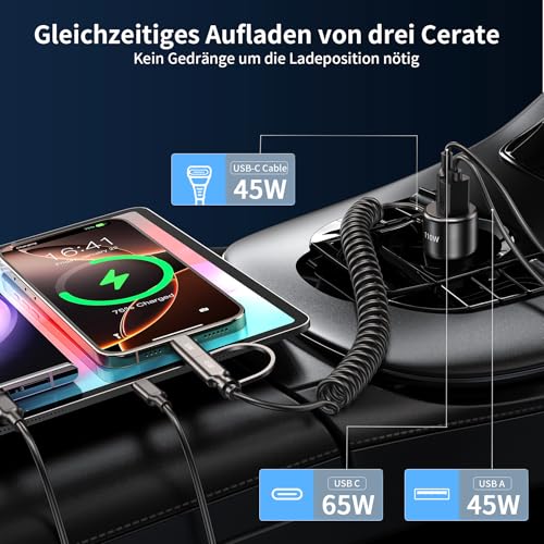 Zigarettenanzünder USB C, 110W 65W+45W 12V USB Auto Kfz Ladegerät Autoladegerät mit 1.5M Schnellladegerät Spiral Typ C Adapter L Kabel Car Charger für iPhone 16 15 14 Samsung iPad Pro Airpods Android – Bild 5