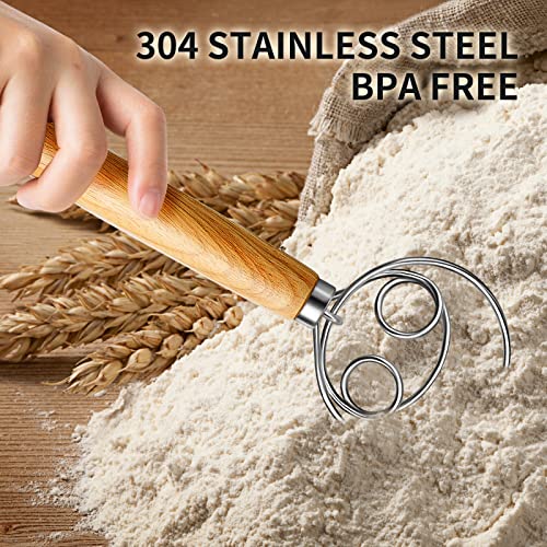 TEEVEA Frusta Danese per Impasto in Acciaio Inossidabile - Stile Olandese per Pane - Miscelatore Manuale con Manico in Legno - Strumenti da Cucina - immagine 4