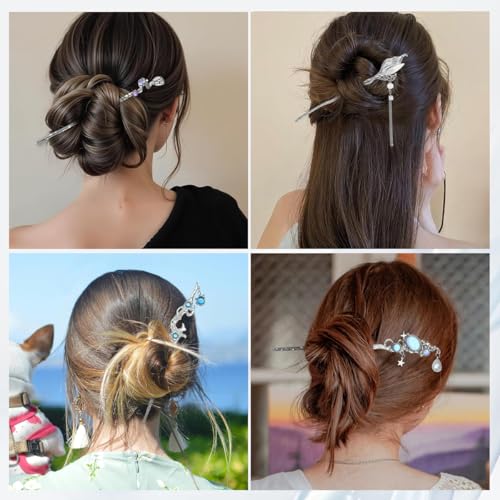 Image of SANNIDHI Hair Stick for Bun Accessories for Woman, 5Pcs Vintage Alloy Juda Pins for Hair Bun, Moonstone Planet Star Charm Silver Accessories for Updo & Daily Styling