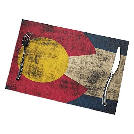 Bordstabletter uppsättning av 6 bordsunderlägg gul röd och blå vintage grunge flagga Colorado