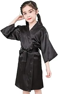 WENYOG Albornoz de satén Summer Girl Robe Solid Color Pajamas Soft Bathrobe Girls Satin Robe(Black,130cm)