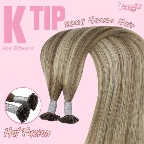 Image of YoungSee K Tip Hair Extensions Real Human Hair Ombre Light Brown Balayage Blonde Ktip Real Hair Extensions Human Hair 24In 1G /S 50G