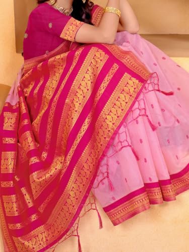 Image of Pure Kalyani Cotton Saree | Zari Border & Blouse Piece - Lata Gadwal Design | Traditional Saree