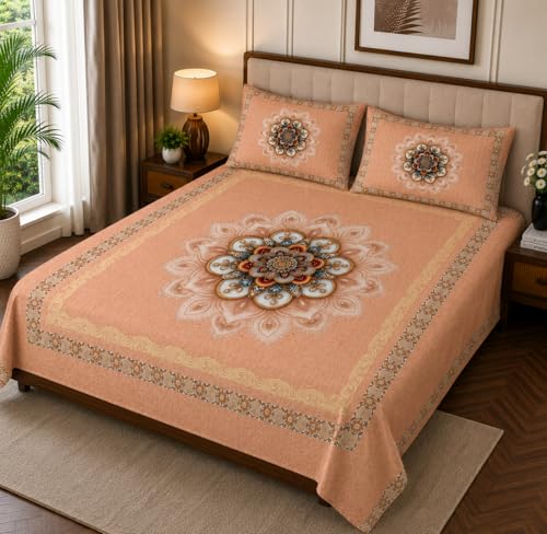 Image of 7D Digital Printed King Size Bedsheet with 2 Pillow Covers | Soft Premium Cotton Feel Microfiber Double Bed Bedsheet |Breathable,Wrinkle Free & Fade Resistant|(SeaPeach, KingSize-225x250CM)