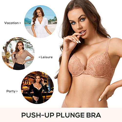 Image of DOBREVA Women's Push Up Lace Bra Underwire Plunge Full Coverage Bras Sexy Plus Size Support